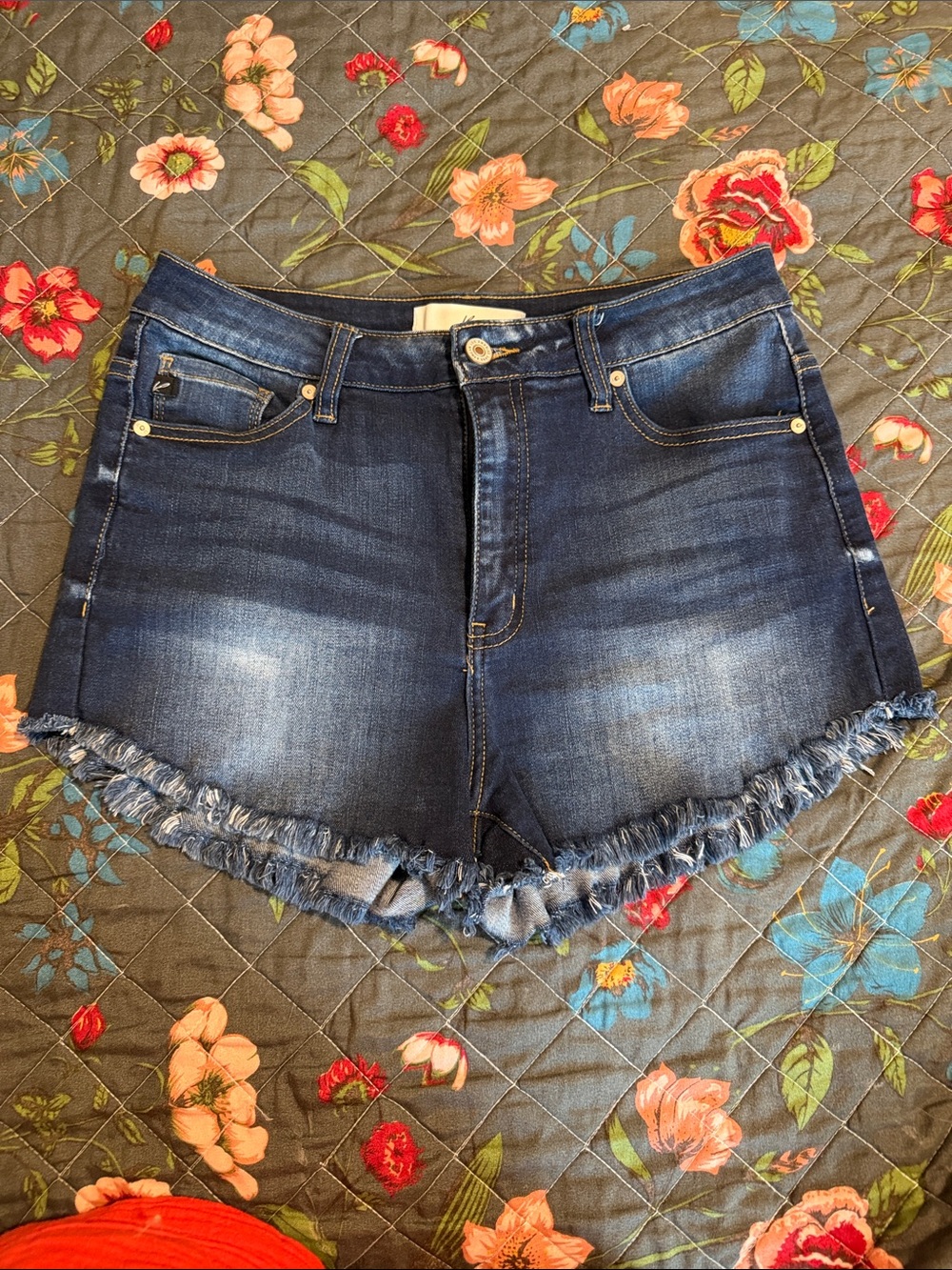 KanCan Dark Blue Frayed Hem Denim Shorts